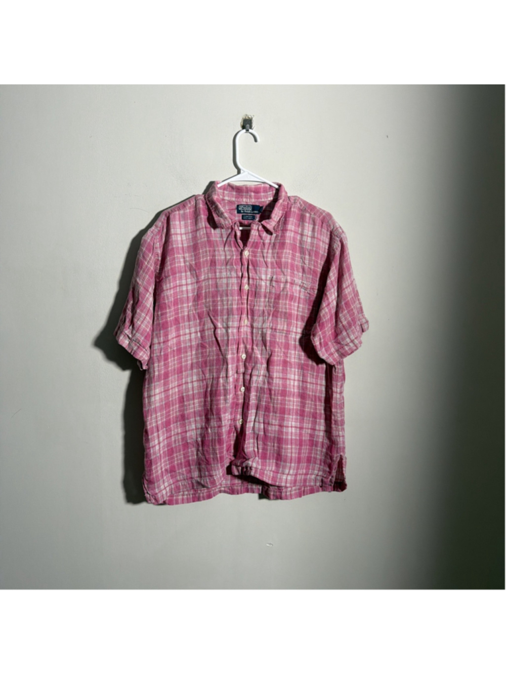 Vintage Polo Ralph Lauren Clayton Camp Loop Shirt Mens Large L Linen Pink Plaid